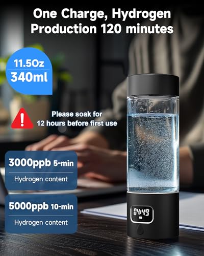 Image of Hydrogen Water Bottle - Portable, Rechargeable, LED Timer, Aluminum and Glass, 5000 PPB Hydrogen in 10 Minutes, 340ml Capacity, for Husband, Friend & Family, for Travel, Sports, Home, Office(Black)