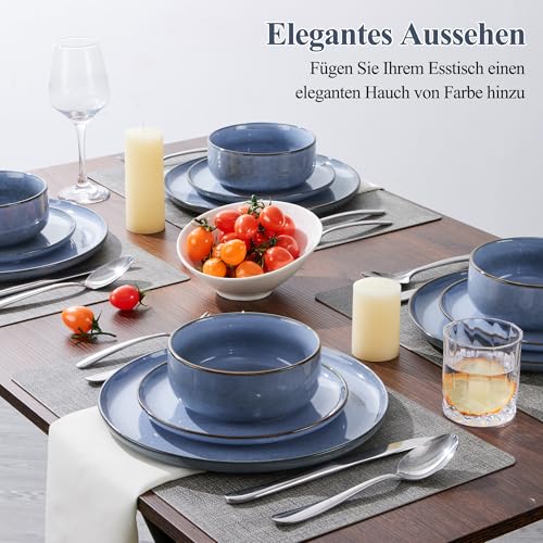 Joyfair Geschirrset 6 Personen, 18-tlg Steinzeug Tafelservice Set, Kratzfest Reaktive Glasur Geschirr Set mit Speiseteller, Dessertteller, Müslischalen, Mikrowellen- & Spülmaschinenfest, Ozean Blau
