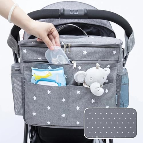 Orzbow Grande Bolso Organizador Carrito Bebe,Impermeable Bolso Organizador Silla Paseo con Portavasos,Divisor Extraíble,Forro Aislante y 22L Capacidad,2 Ganchos,1 Bandolera y Cambiador (Gris)