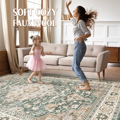 7x9 Area Rug Living Room: Machine Washable Boho Large Vintage Soft Rugs Stain Resistant Farmhouse Oriental Non Slip Indoor Floor Carpet for Bedroom Nursery Kids Playroom Office Dining Room- Green