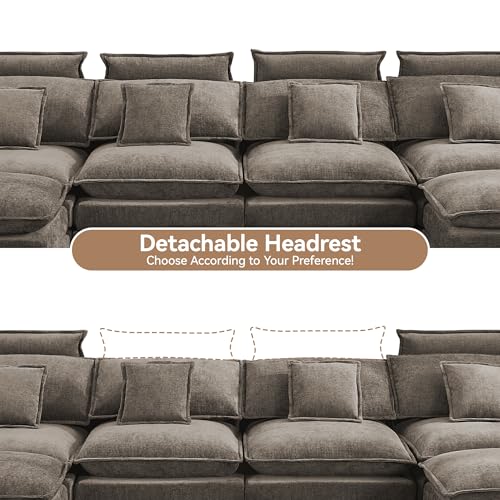 Image of 134'' Cloud Modern 4 Seater Couch with Detachable Headrest, Modular Sectional Sofa with 2 Ottomant, Oversized U Shape Chenille Comfy Sofa with Armrests for Living Room, Brown