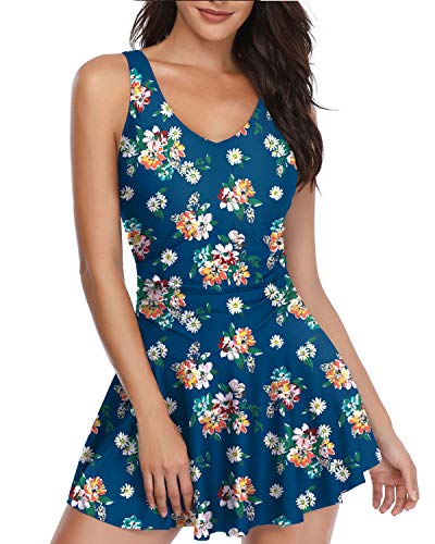 Wavely One Piece Swimsuits for Women Tummy Control Bathing Suits Modest Skirt Ladies Swimdress Vintage Swimwear Blue Floral3 XL