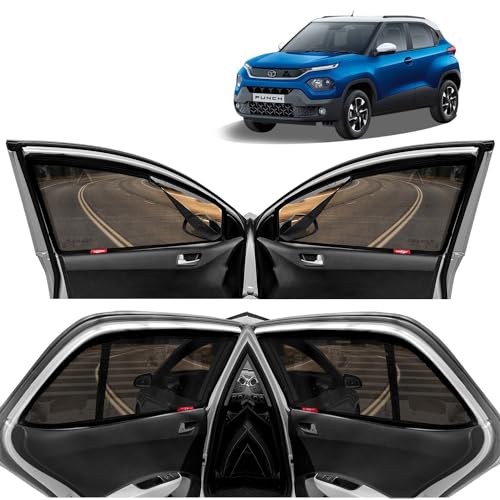 Image of KINGSWAY Accessories Car Side Window Sun Shade Only Compatible with Tata Punch (2021 to 2025), Front Zipper & Rear Full Magnetic Curtains - Heat-Resistant Custom-Fit Shades, Pack of 4 Pcs