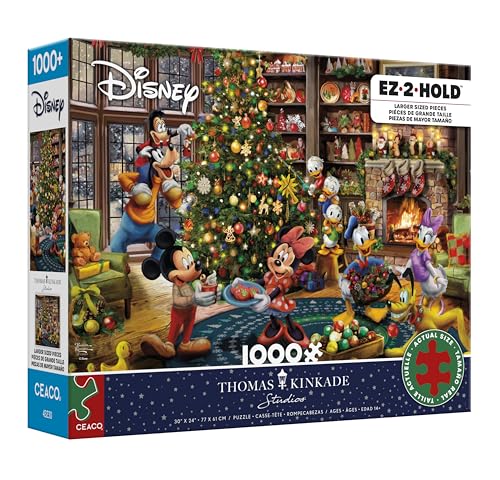 CEACO - Thomas Kinkade - Mickey & Minnie Trimming The Tree - 1000 Piece EZ 2 Hold Holiday Jigsaw Puzzle - Festive Puzzles for Adults – Precision-Cut Pieces and Hours of Relaxing Fun