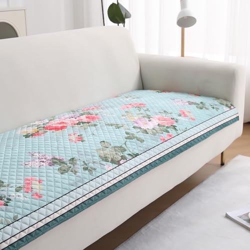 Image of HOKIPO 'LiefNest' Holland Velvet Sofa Cover Mat with Foam Filling for 1 /2 /3 Seater & L-Shape Sofa. Make Your Own Sofa Cover Set, Mat Size: 220(L) cm, Fresh Floral Pastel Blue (IN-826-D3)