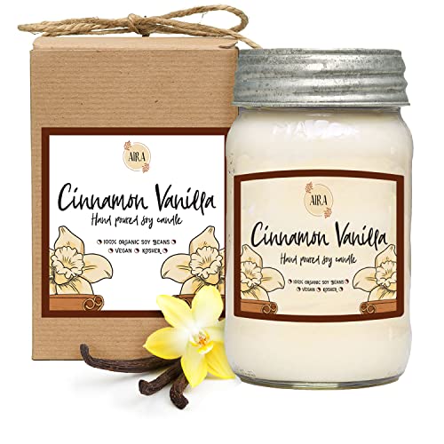 Aira Soy Candles - Organic, Kosher, Vegan, In Mason Jar W/Therapeutic Grade Essential Oil Blends - Hand-Poured 100% Soy Candle Wax - Paraffin Free, Burns 110+ Hours - Cinnamon Vanilla -16 Ounces #TOP18
