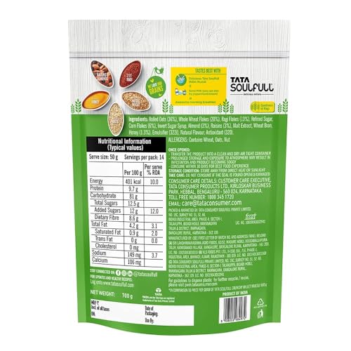 Image of Tata Soulfull Crunchy Millet Muesli, 700 g, Contains Wholegrains Nuts & Fruits, Source of Protien, High Fibre, Contains Ragi & Jowar (Pack of 3)