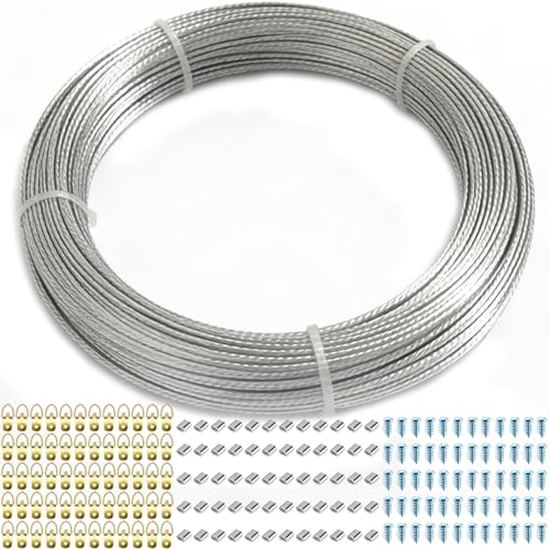 Picture Hanging Wire Kit (181Pcs)110Ft Braided Picture Wire 60 Pcs D Ring Picture Hangers with Screws and Aluminum Crimping Loop Sleeve for Photo Frame Picture Artwork Mirror Hanging Canvas Paintings