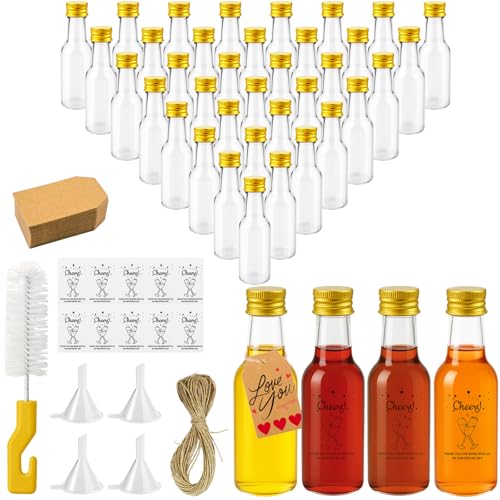 Nadisean 40 Piezas Mini Botellas de Licor 50ml, Botellas Pequeñas de Plástico Reutilizable, Mini botellas Alcohol Vacias con Tapa de Rosca, Etiqueta de Papel Kraft, Embudo, Cuerda, para Fiestas Bodas