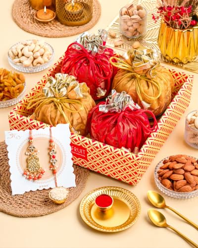 Image of Hyperfoods Rakhi Gift Hamper for Brother Rawfruit's Handcrafted Potli Pack of 4 Cashew Almond Pistachios Raisins 495 Grams with Thali DryFruits Combo Pack Dry Fruits Gift Pack Rakhi with DryFruits