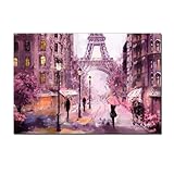 Pink Paris Canvas Wall Art Girl Bedroom Oil Painting Paris Eiffel Tower Street View Picture Print for Home Office Decor Framed Umbrella Landscape Artwork 12x16inch Bathroom Wall Decor
