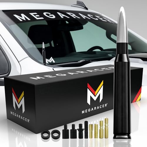 Mega Racer Universal 50 Cal Bullet Antenna for Truck Car SUV - 5.5 Inch Silver Black, AM/FM, 6061 Solid Aluminum, Car Wash Safe, Antenna Replacement, Truck Accessories