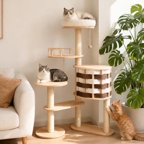 48 Inch Solid Wood Cat Tree Modern Cat Tower for Indoor Cats Chessboard Style Cat Condo with Guardrail Perch Sisal Scratching Posts Washable Cushion Hanging Balls Natural