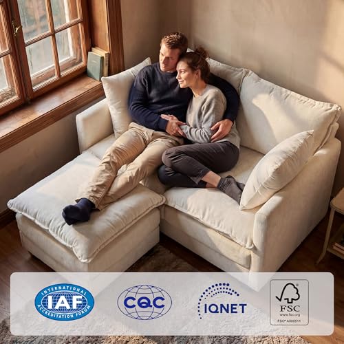 Image of Loveseat Sofa with Ottoman, Cloud 3-Layer Cushion & 27 inch Deep Seat Modern Small Couch with 2 Washable Pillows for Small Spaces, Bedroom, Apartment, Office, Living Room, in a Box, 50-Inch Beige