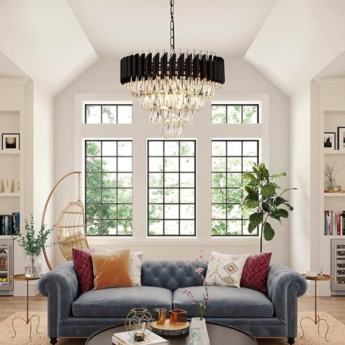 Image of Modern Ceiling Lamp 4-Tier Round Crystal Chandelier for Living Room | Modern Ceiling Light Jhumar for Hall for Home Decoration + 3 Color LED Light (Black Gold, 500MM)