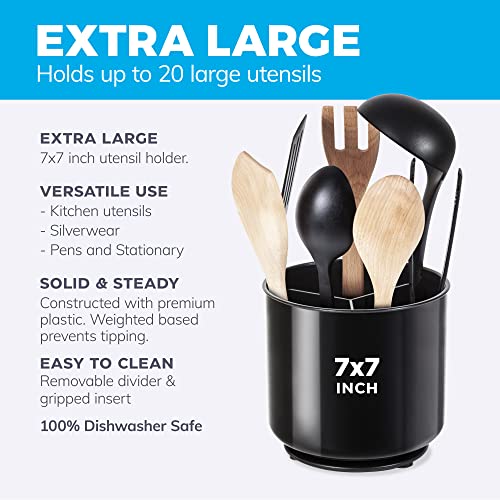 Rotating Plastic Extra Large Utensil Holder Crock With Weighted Base, Removable Divider, And Gripped Insert - Dishwasher Safe Kitchen Utensil Holder For Kitchen Counter: Cooking Black Utensil Caddy #TOP2