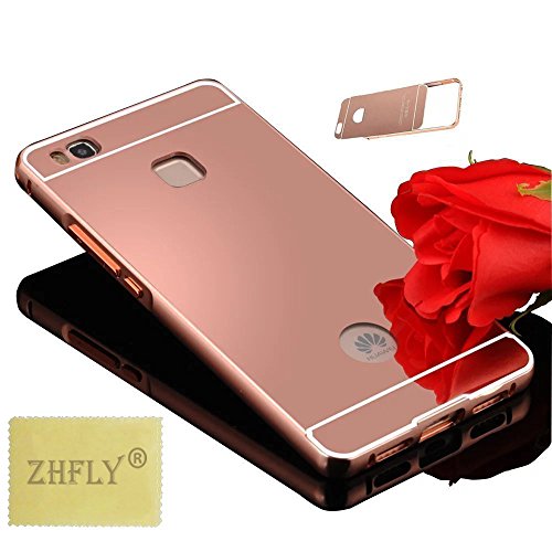 P9 Lite (2-in-1) Case, ZHFLY Luxury Electroplate Mirror Acrylic PC Back Cover Case and Metal Bumper Frame for Huawei P9 Lite, Rose Gold Mirror