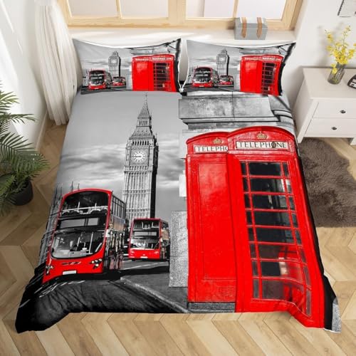 Housse de Couette 220x240 Thème de Londres Parure de Lit 2 Personnes Cabine Téléphonique Rouge Imprimée 3D Microfibre Douce Londres Housse Couette...