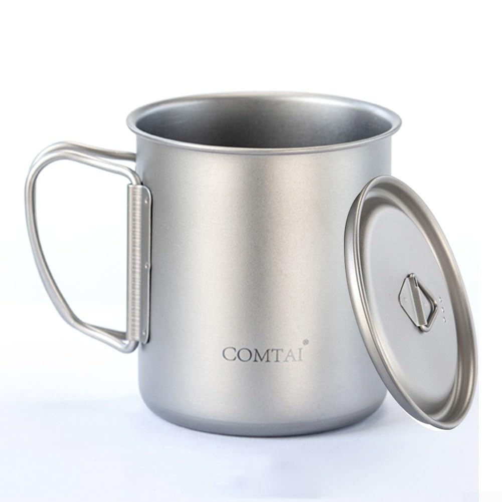 Tazza da campeggio leggera in titanio con manico pieghevole, resistente alla ruggine, per escursioni e viaggi, stoviglie ultraleggere (300 ml + 450 ml + 750 ml)