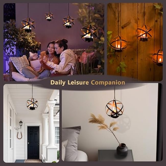 Solar Lanterns Outdoor Waterproof, 4 Pack Hanging Tea Lights with Candle Holder, Small Solar Chandelier for Trees, Patio, Backyard, Garden, Porch, Balcony Decorative (Armillary)