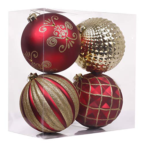 Valery Madelyn Large Christmas Trees Ornament, 4ct 5.9 Inches Red and Gold Shatterproof Christmas Tree Decorations, Luxury Hanging Ball Ornaments Bulk for Xmas Holiday Decor