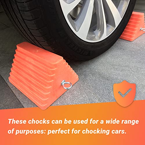 Image of HOXWELL 2 Packs Wheel Chocks Heavy Duty Orange with Eyebolt, Vehicle Chock for Travel Trailers, Camper, Truck, Car and ATV, 9.1 inch Length x 7.1 inch Width x 5.5 inch Height