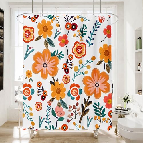 WC WAH CHUN Bohemian Shower Curtain, Boho Floral Print Water Repellent Polyester Fabric for Bathroom Decor, 72×72 Inch Standard Size with 12 Hooks, Also as Room Divider