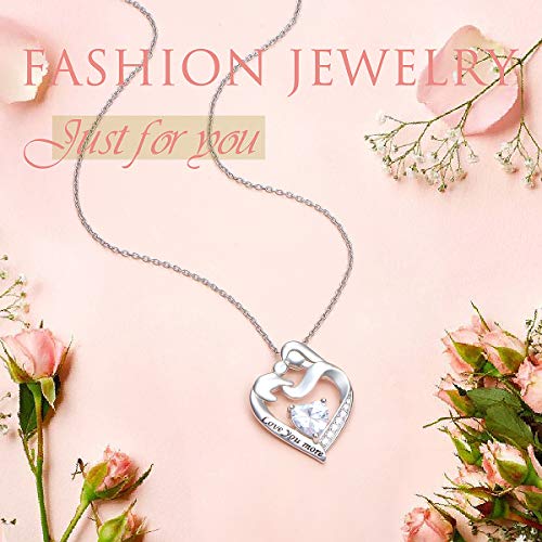 925 Sterling Silver Mother And Child Pendant With Message Love You More Cubic Zirconia Heart Necklace For Women Mother Daughter, Adjustable Silver Chain 18+2 Inches New Mum Gifts (Love You More) #TOP3