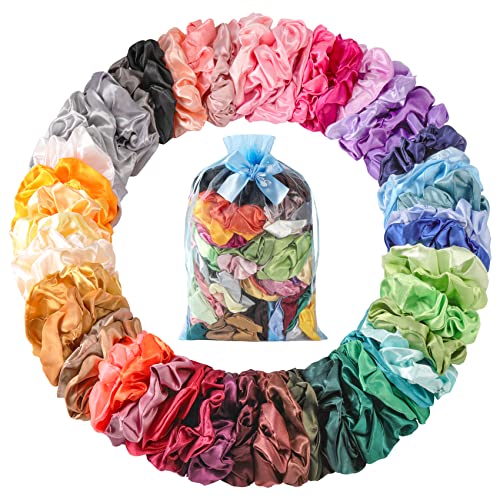 Kailund Silk Stain Hair Scrunchies with 54 Colors , Elasticity Hair Bobbles Hair Bands , Silk Hair Ties for Women & Girl, Gift Bag Include