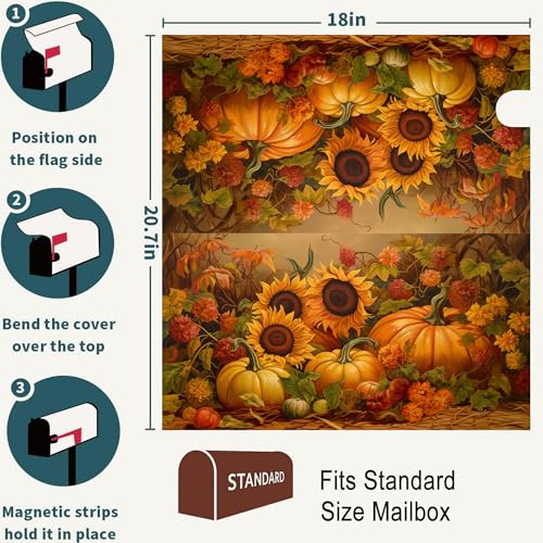 Image of Identiy Fall Pumpkins Sunflowers Mailbox Covers Magnetic Standard Size, Thanksgiving Autumn Harvest Magnetic Mailbox Covers 18 inchx21 inch for Holiday Yard Decor