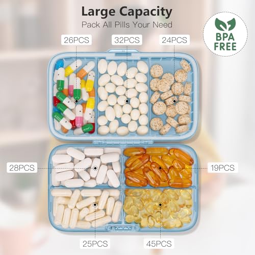 Image of FYY Weekly Pill Organizer with Labels,8 Compartments Travel Daily Pill Case Airtight Moistureproof Large Pill Box to Hold Vitamins, Fish Oil, Supplements,Cotton Swab and Bandages-Blue