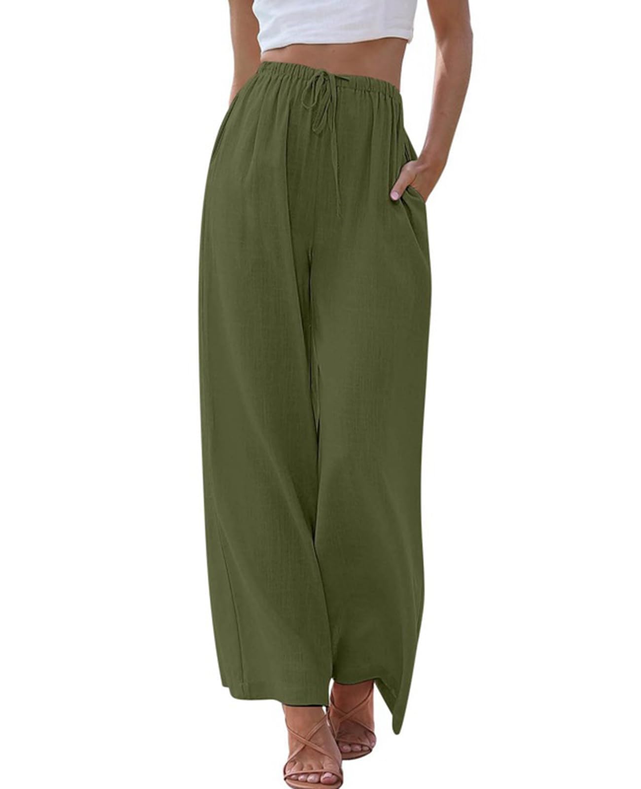Womens Linen Summer Palazzo Pants Casual Loose Flowy Wide Leg Beach Pants with Pockets