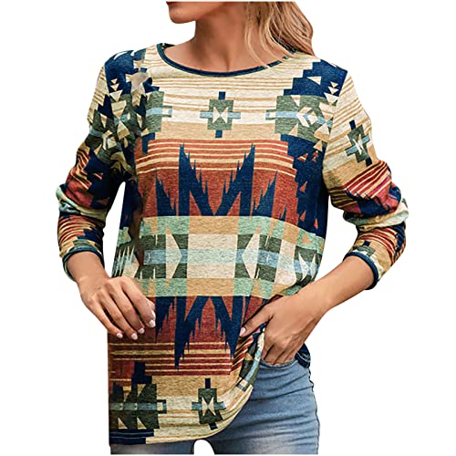 Blusas de algodón para mujer Primavera y Otoño Cuello redondo Estampado étnico Top de manga larga Tops de talla grande para el trabajo Oficina Oferta Camisetas Reino Unido Talla S-5XL, A#01 Marrón, M Cover