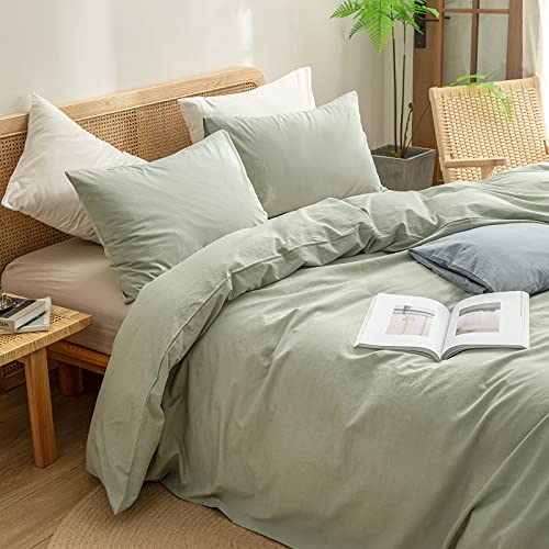 Image of BESTOUCH Cotton Solid Duvet Cover Set Linen Feel Sage Green Oversized King | 100% Washed Cotton, Soft Wrinkle Texture, Hidden Zipper, 8 Ties, Breathable Lightweight Durable Comfy, 3 Pcs No Insert