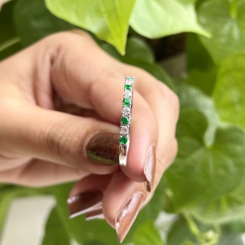 Miniatura 5 de Alternate Green Emerald & White Diamond Half Eternity Wedding Band For Women, 14k Yellow Gold Finish Green Emerald Wedding Band, Ladies Stackable