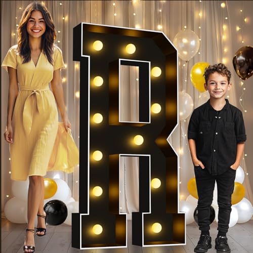Image of Pooqla 4FT Marquee Light Up Letters, Black Large Letter R Party Decorations | LED Marquee Letters 4 Feet Tall, Black Giant Mosaic Letters Gift for Boys Men Birthday Anniversary Wedding Decoration