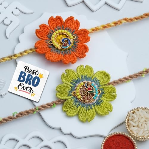 Image of eCraftIndia Orange Yellow Flower Peacock Rakhi Set of 2 | Rakhi for Brother Bhaiya Bhai with Best Bro Ever Fridge Magnet | Roli Chawal Pack