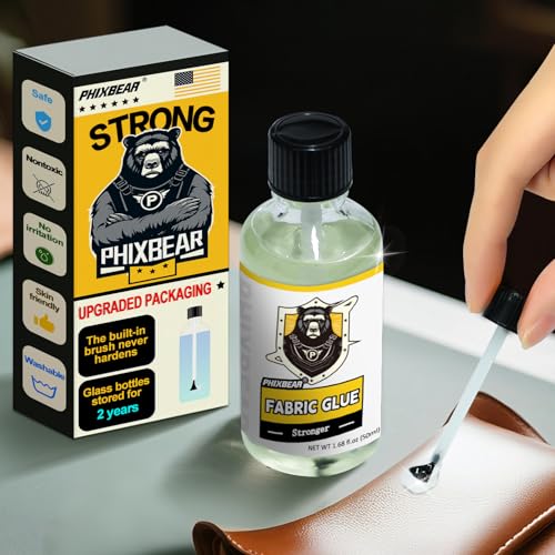 PHIXBEAR Fabric Glue Permanent in Glass Bottle with Brush, Permanent Washable Liquid Stitch, Safe, No Irritation, and Skin-Friendly. Leather Glue for Repair Clothes, Leather, Patches(1.68 fl.oz 50ml)