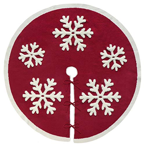 LimBridge Knitted Christmas Tree Skirt, 48 Inches Knitted Christmas Decorations, Wine Red Heavy Yarn Xmas Holiday Decoration with White Snowflakes, Burgundy and Cream