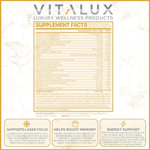 VITALUX || ADDY ULTRA #1 New Adderall Substitute Pills for Enhanced Focus, Boosted Memory & Natural Energy | 38+ Ultra Strength Ingredients & Science Backed | 3rd Party Tested & USA Made - 60 Capsules