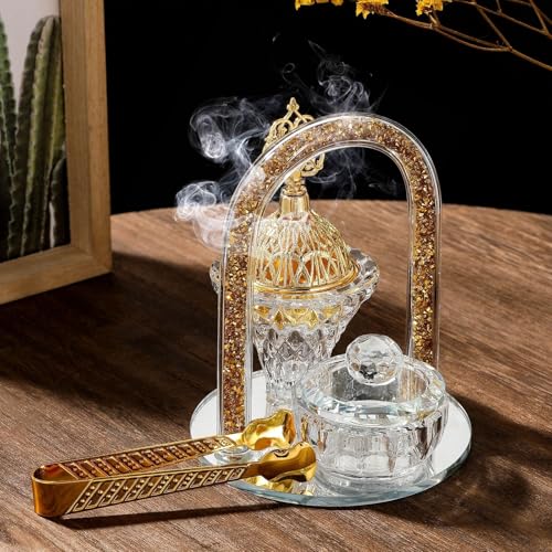 Elegante juego de quemador de incienso de cristal, soporte de incienso árabe de 12 cm de alto con diseño de arco de cristal, tapa dorada hueca, pinzas doradas, para decoración del hogar, decoración de