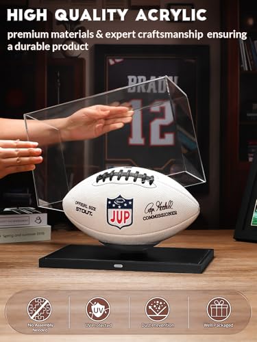 Image of JupDec Football Display Case Full Size, Upgraded Clear Acrylic Box with Curved Cradle Holder & Solid Wood Base, Fits All Football Sizes, UV Protected Memorabilia Display for Collectors, Black