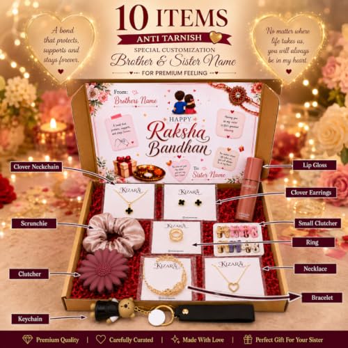 Image of Personalized Raksha Bandhan Gift Hamper for Sister with Name, 10 Items | Rakhi Gift Set with 5 Anti-Tarnish Jewellery Pieces, Hair Accessories, Lip Gloss and Keychain
