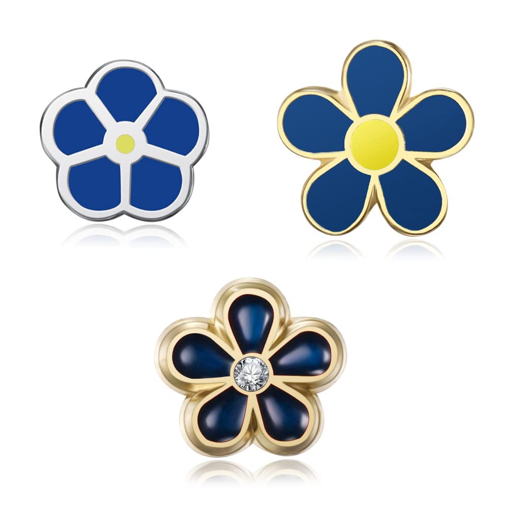 BOBIJOO JEWELRY - Lot de 3 pins discrets Franc-Maçon fleur de Myosotis Email Bleu Jaune Diamant 8, 10 et 12mm