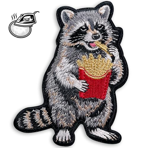 Funny Raccoon Munching French Fries Morale Patch – 3.6" Funny Raccoon Embroidered Iron On Patch for Backpack, Jacket, Dog Vest, Hats & Patch Wall – Munching French Humor Patch