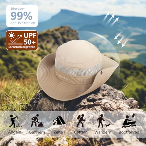 FLEERNIO Beige Unisex Erwachsene Sonnenhut, UV Schutz 50, Faltbar, Atmungsaktiv, Wasserresistent, Cowboy Stil, Für Outdoor Aktivitäten, Wandern, Angeln, Camping, Strand, Parks, Casual