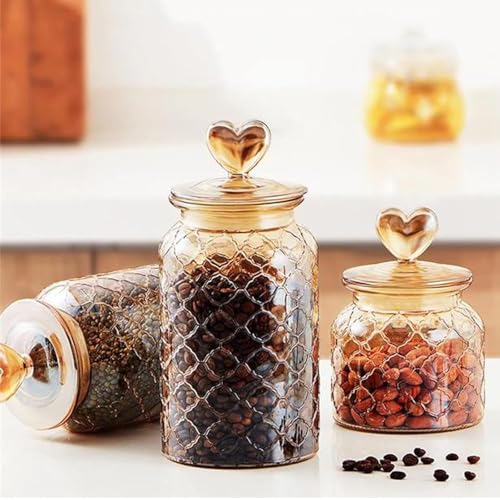 Image of MARTVIA Brown Glass Food Storage Jars with Glass Lids 1000ml Set of 4, Love Heart Handle Lid Jar for Home Kitchen,Flour, Sugar, Coffee, Pasta,Grains, Cookies, Snacks (Heart 1000 ML Jar, SET OF 4)