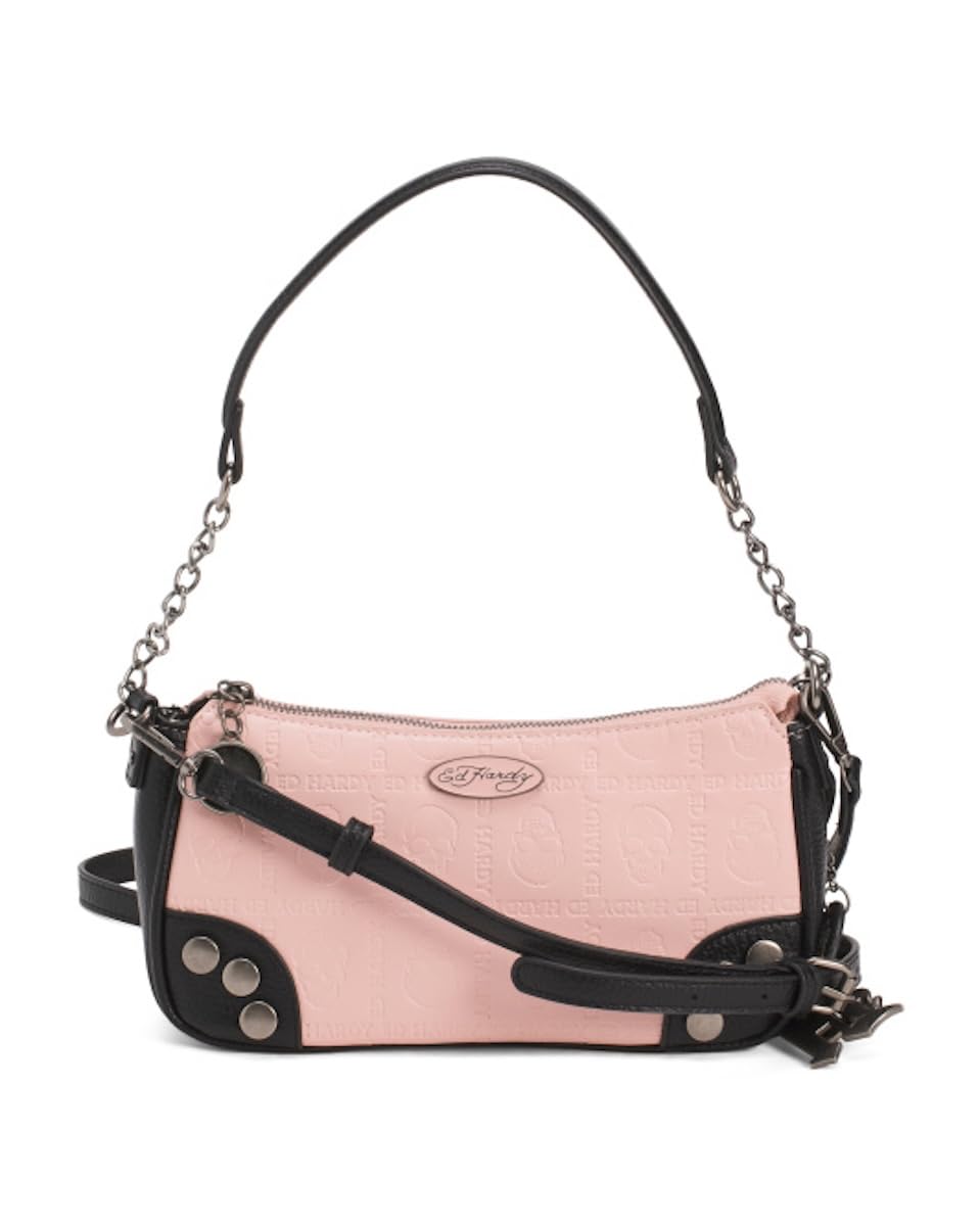 ED HARDY Borsa a tracolla con teschio goffrato, mini borsetta effetto pelle con tracolla a catena e ciondolo, borsa compatta