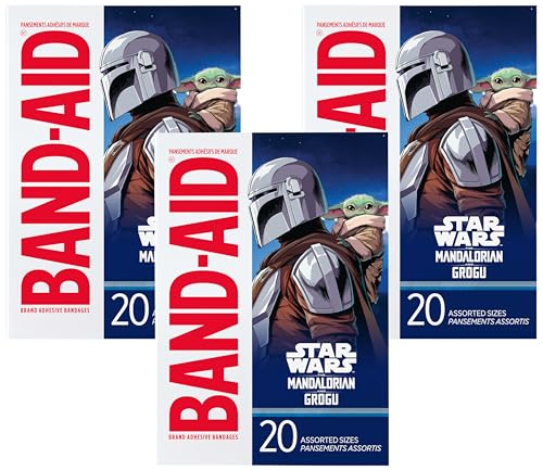 Image of Band-Aid Brand Adhesive Bandages for Minor Cuts & Scrapes, Wound Care Featuring Star Wars The Mandalorian Characters for Kids and Toddlers, Assorted Sizes 20 ct (Pack of 3)
