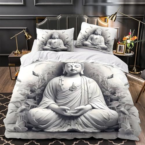 YVASPQRTW Méditation du Bouddha 3D Imprimé Housse de Couette 3 pièces Microfibre hypoallergénique Zen Drap de Couette 2 taies résistante Adolescents...
